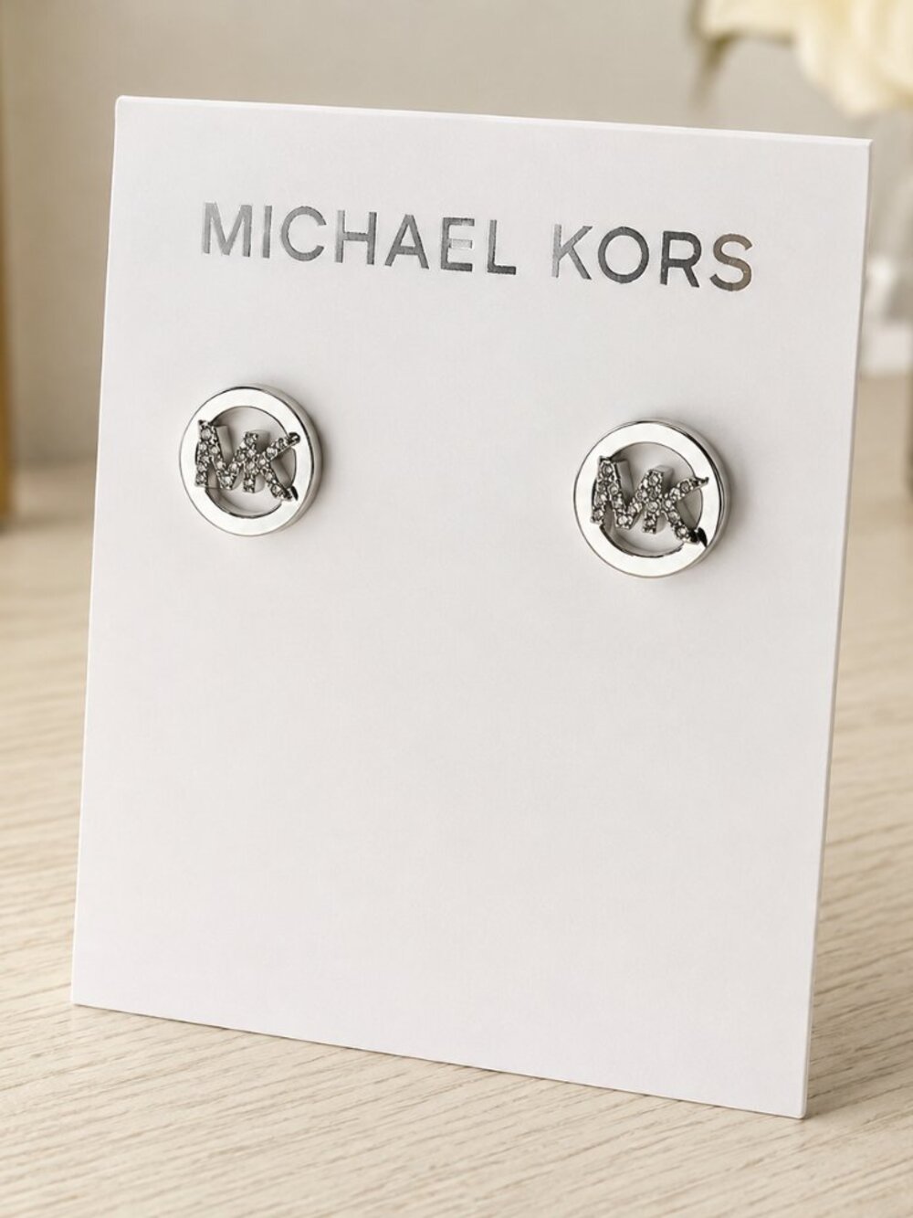 Michael Kors Silver Crystal MK Logo Round Stud Earrings NWT